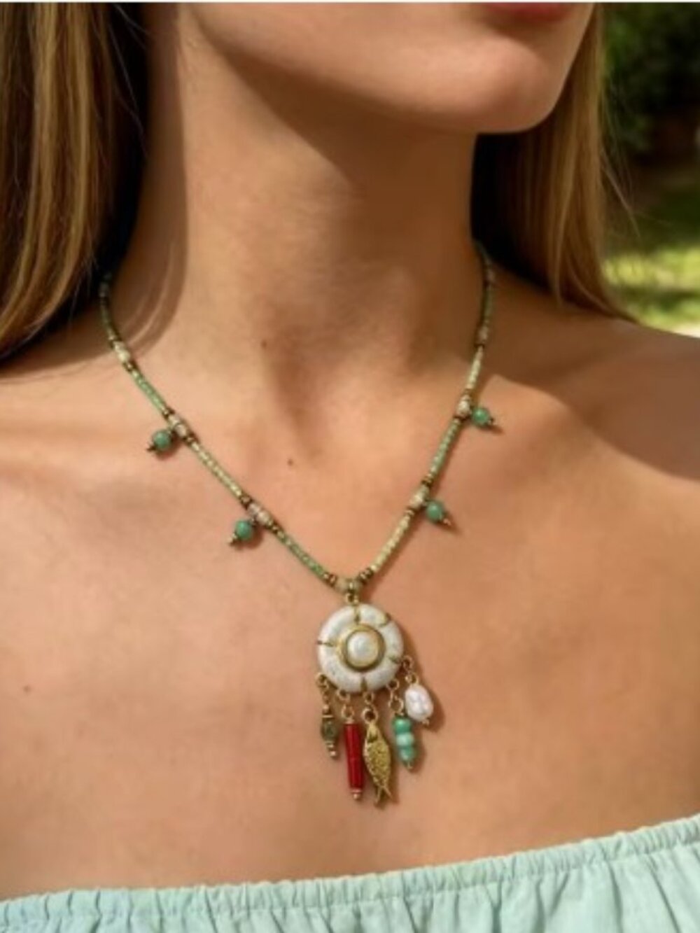 Boho Gold Tone Mint Green Beaded Necklace Fish Charm Dangle Pendant - Picture 2 of 16